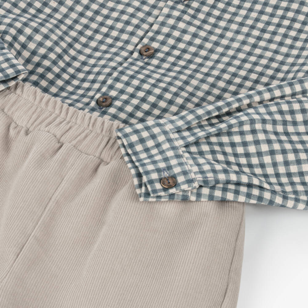 Mebi-Boys Blue Check Shirt & Beige Shorts | Childrensalon Outlet