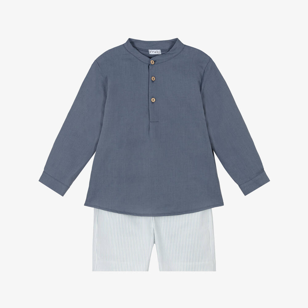 Mebi-Boys Blue Collarless Shirt & Striped Shorts Set | Childrensalon Outlet
