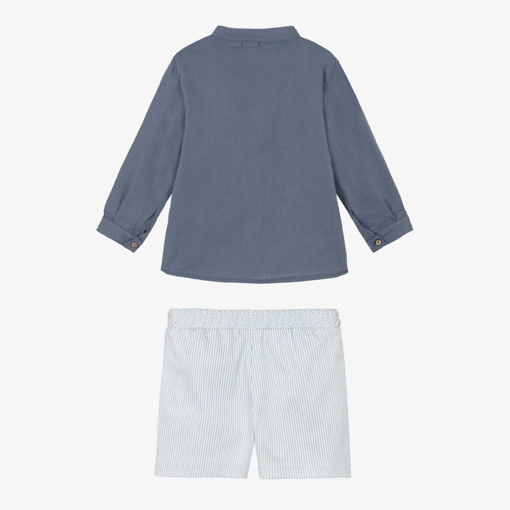 Mebi-Boys Blue Collarless Shirt & Striped Shorts Set | Childrensalon Outlet
