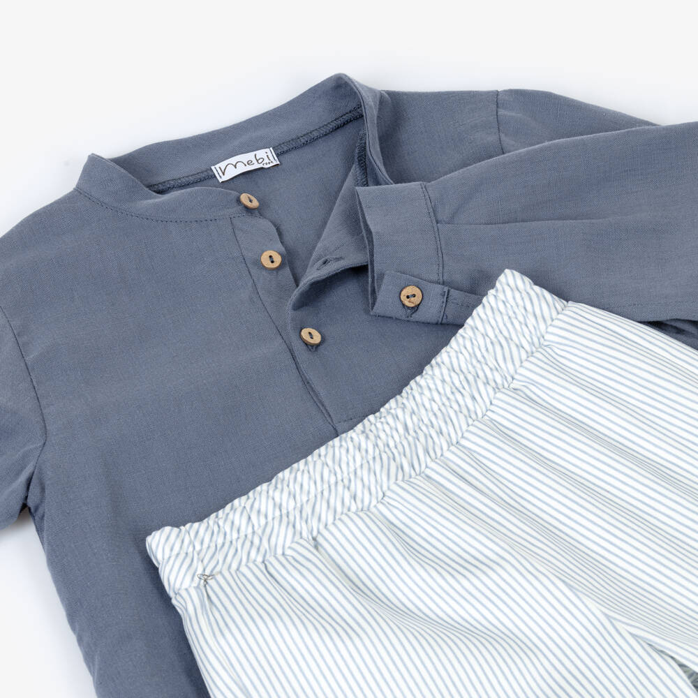 Mebi-Boys Blue Collarless Shirt & Striped Shorts Set | Childrensalon Outlet