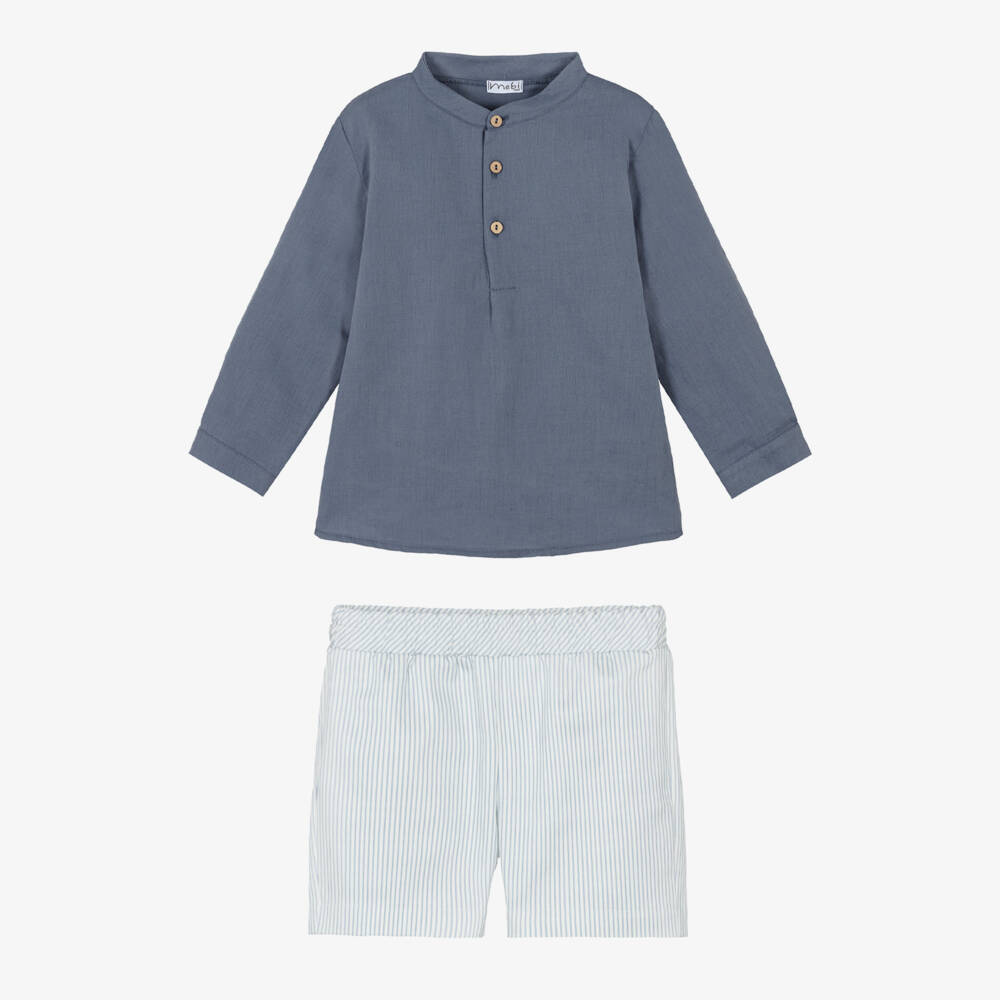 Mebi-Boys Blue Collarless Shirt & Striped Shorts Set | Childrensalon Outlet