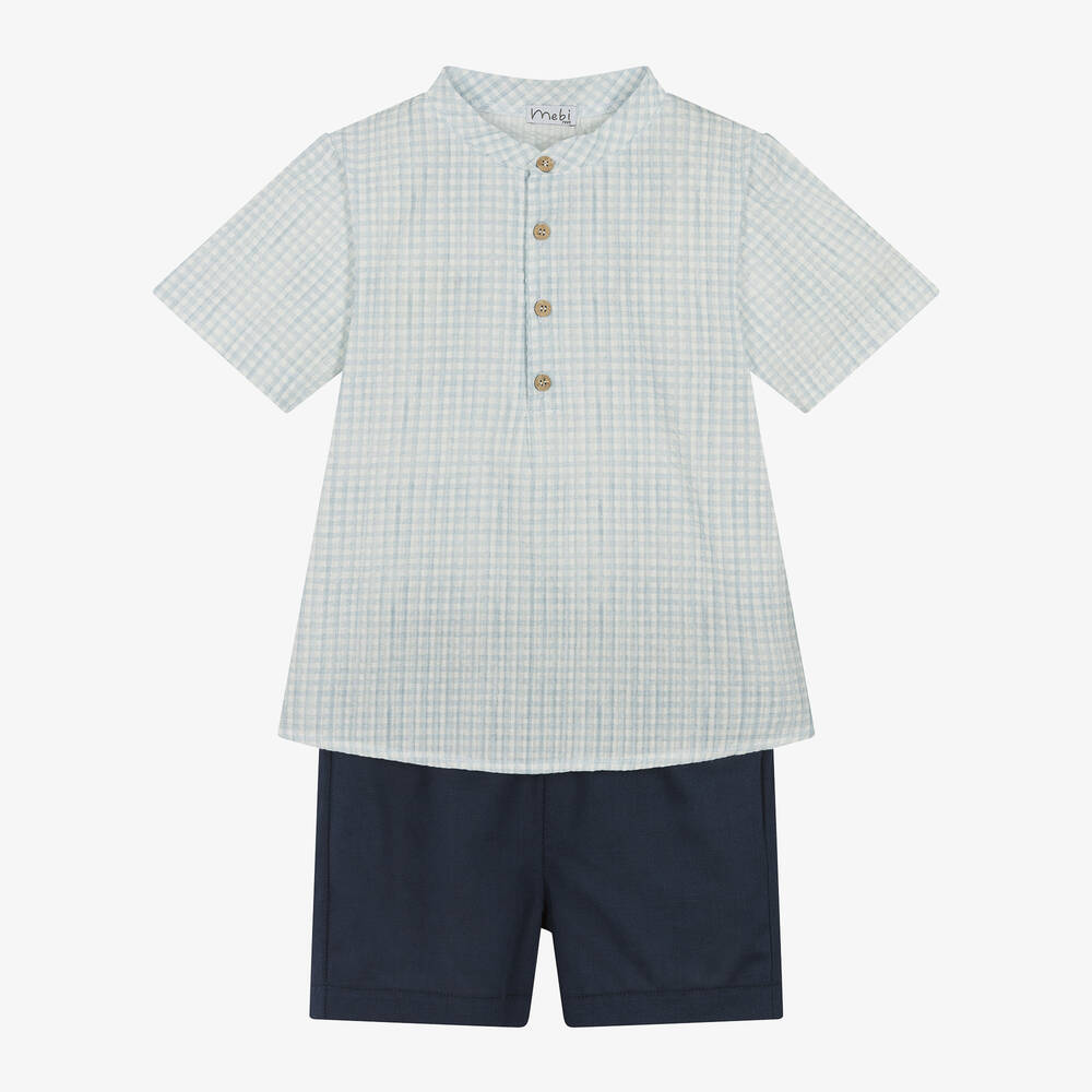 Mebi-Boys Blue Cotton Gingham Shorts Set | Childrensalon Outlet