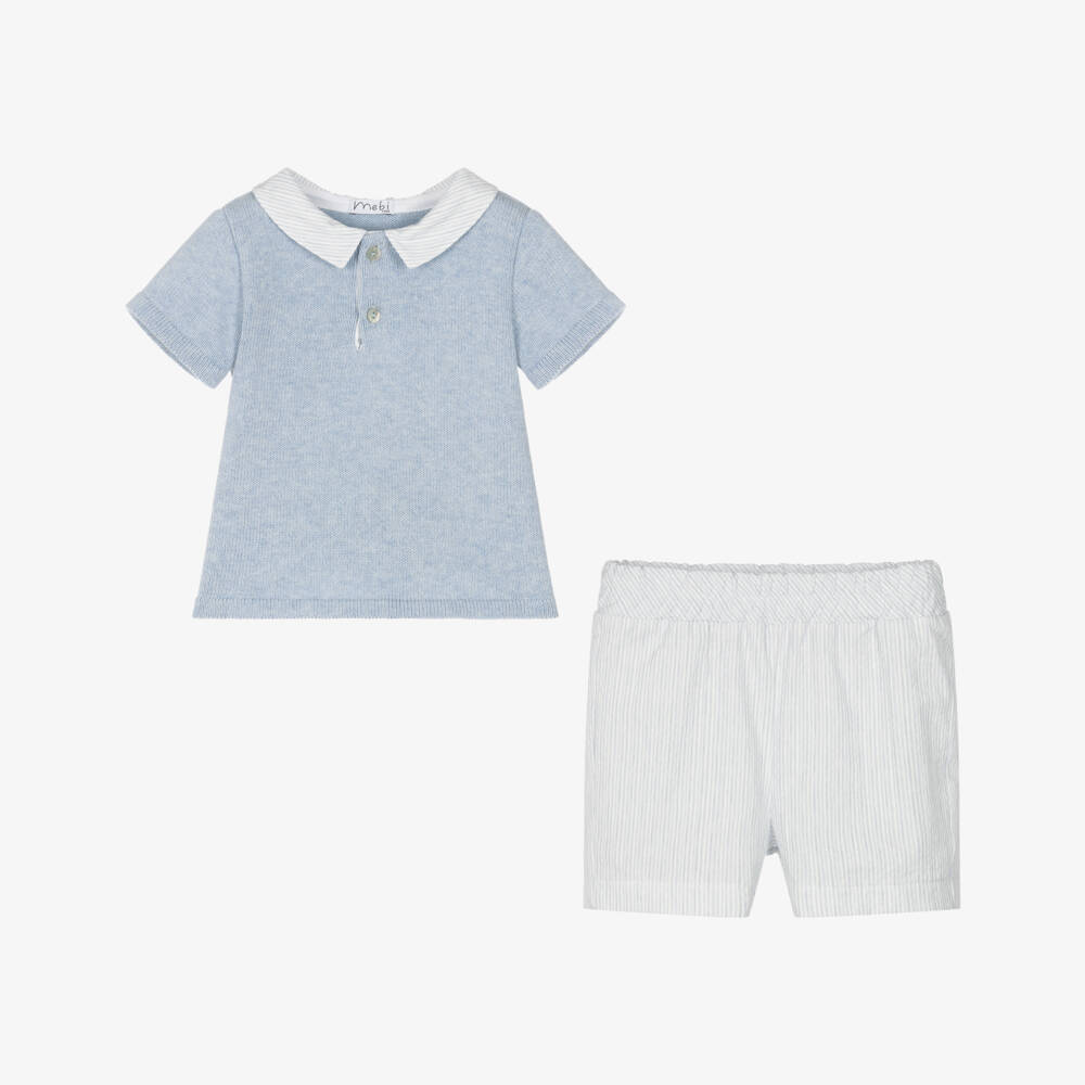 Mebi-Boys Blue Knit Top & Stripe Shorts | Childrensalon Outlet