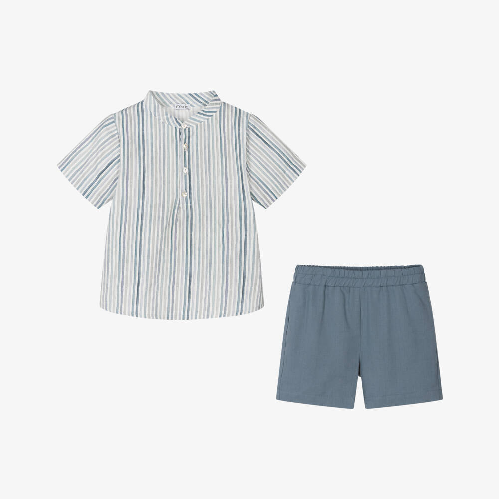Mebi-Boys Blue Linen Blend Striped Ensemble | Childrensalon Outlet