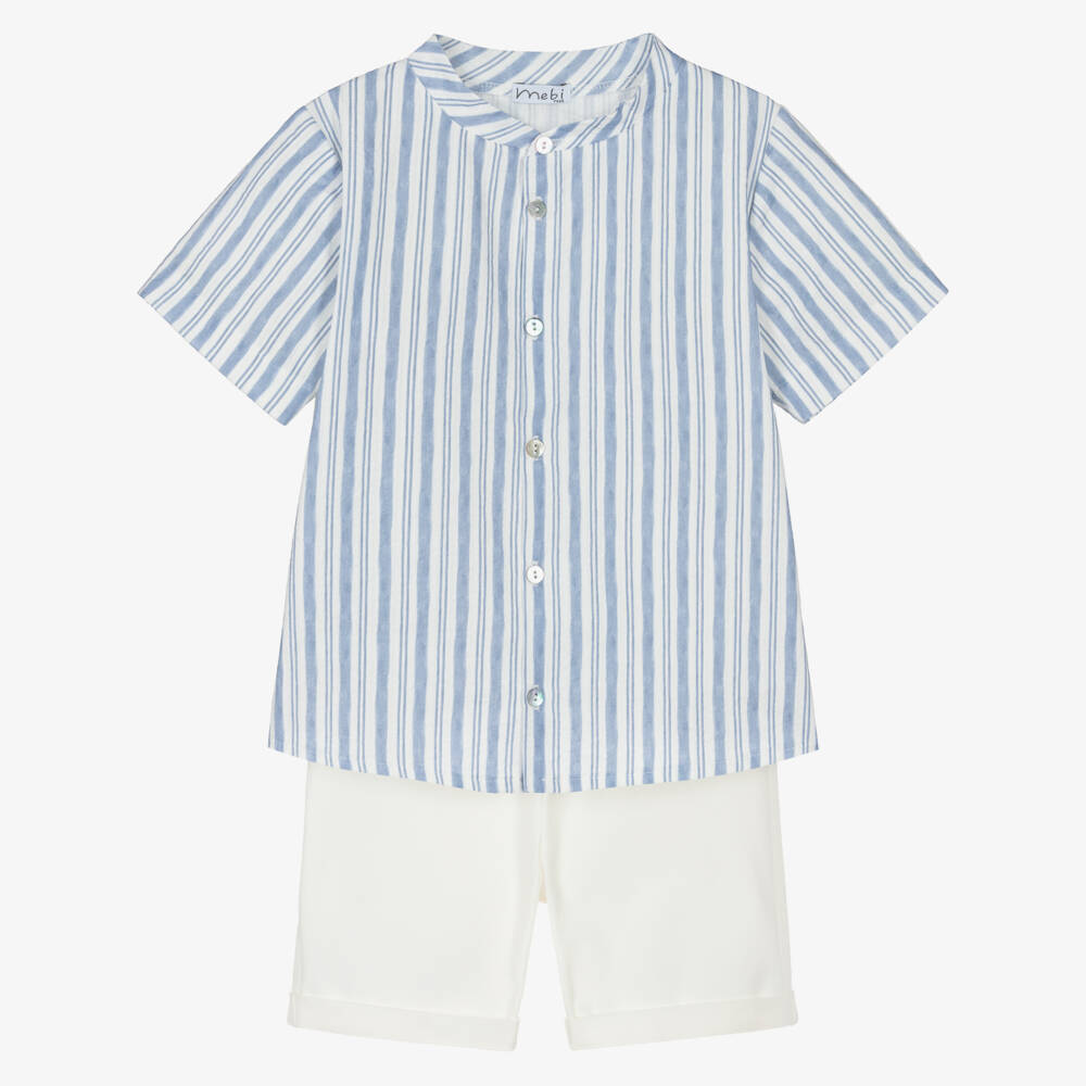 Mebi-Boys Blue & Off-White Striped Cotton Shorts Set | Childrensalon Outlet