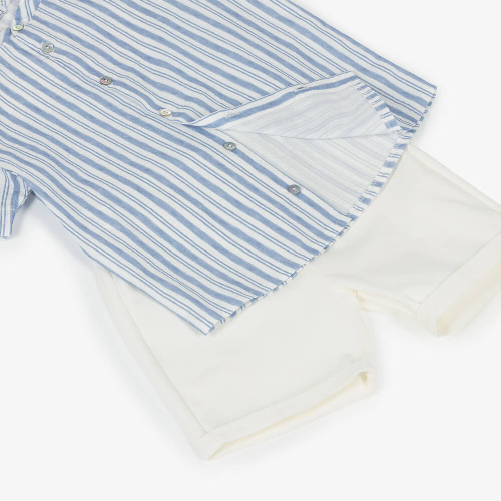 Mebi-Boys Blue & Off-White Striped Cotton Shorts Set | Childrensalon Outlet