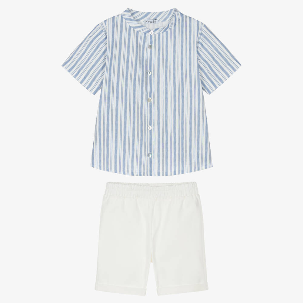 Mebi-Boys Blue & Off-White Striped Cotton Shorts Set | Childrensalon Outlet