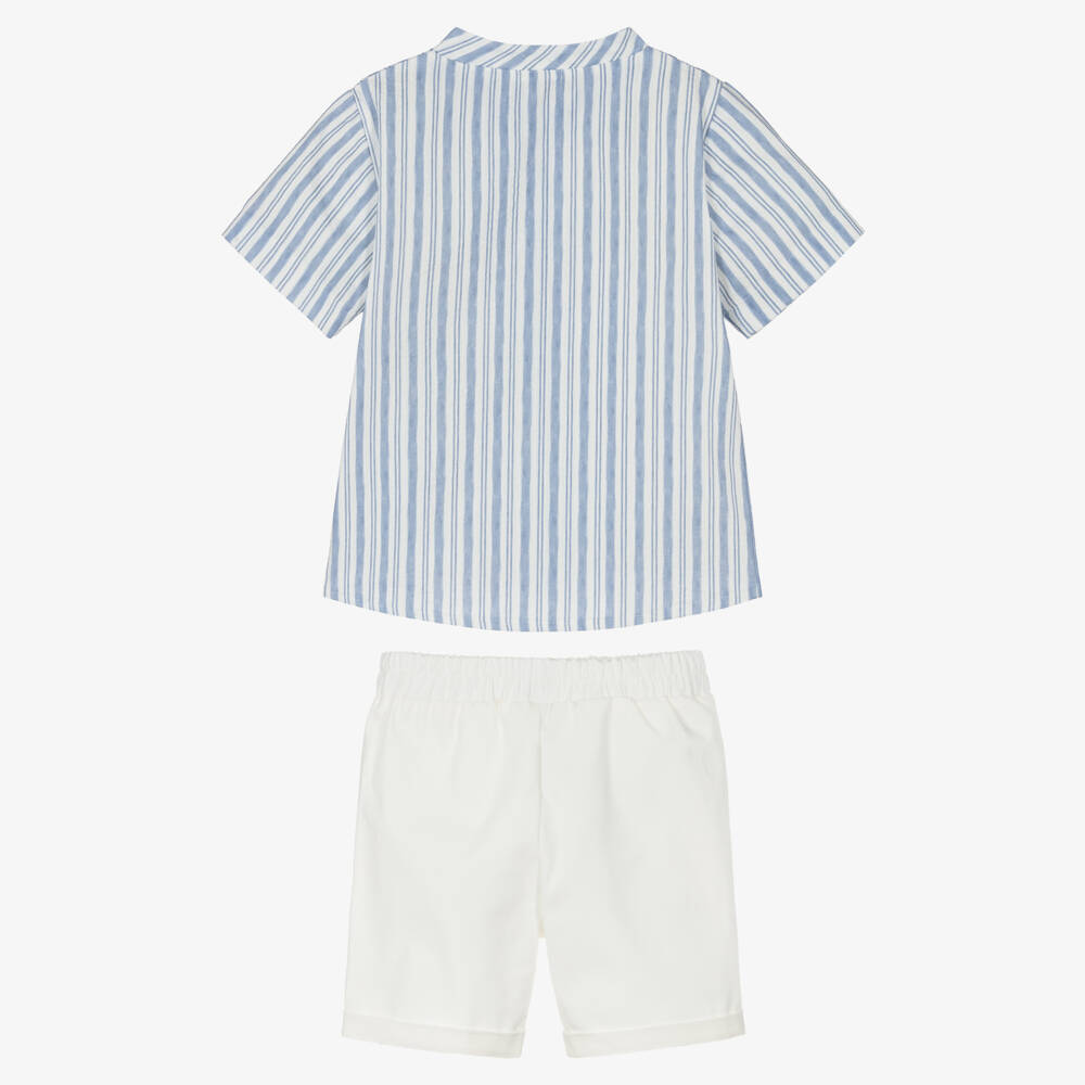 Mebi-Boys Blue & Off-White Striped Cotton Shorts Set | Childrensalon Outlet
