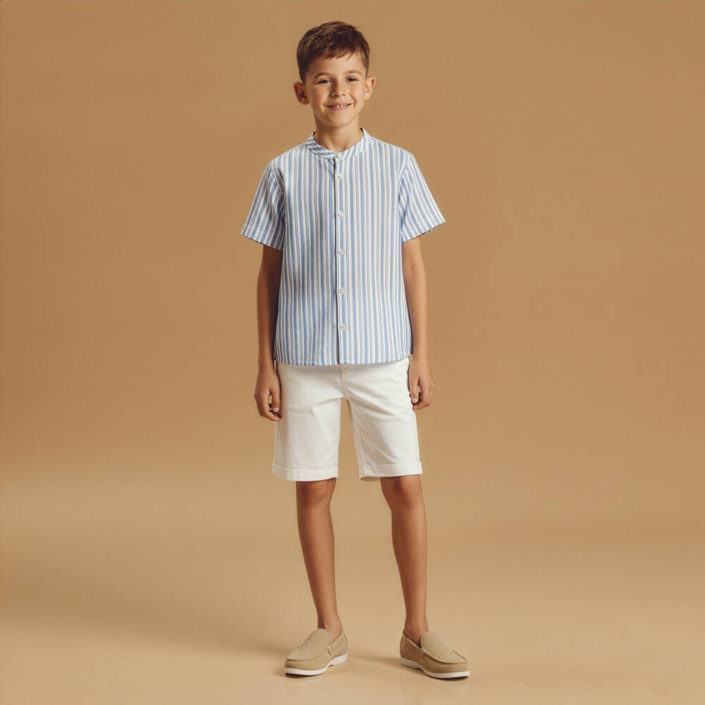 Mebi-Boys Blue & Off-White Striped Cotton Shorts Set | Childrensalon Outlet