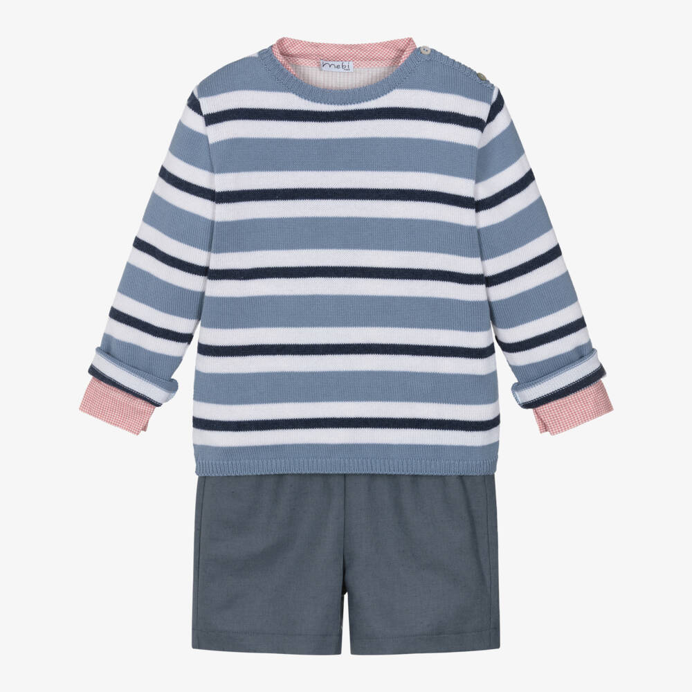 Mebi-Boys Blue Striped Knitted & Woven Shorts Set | Childrensalon Outlet