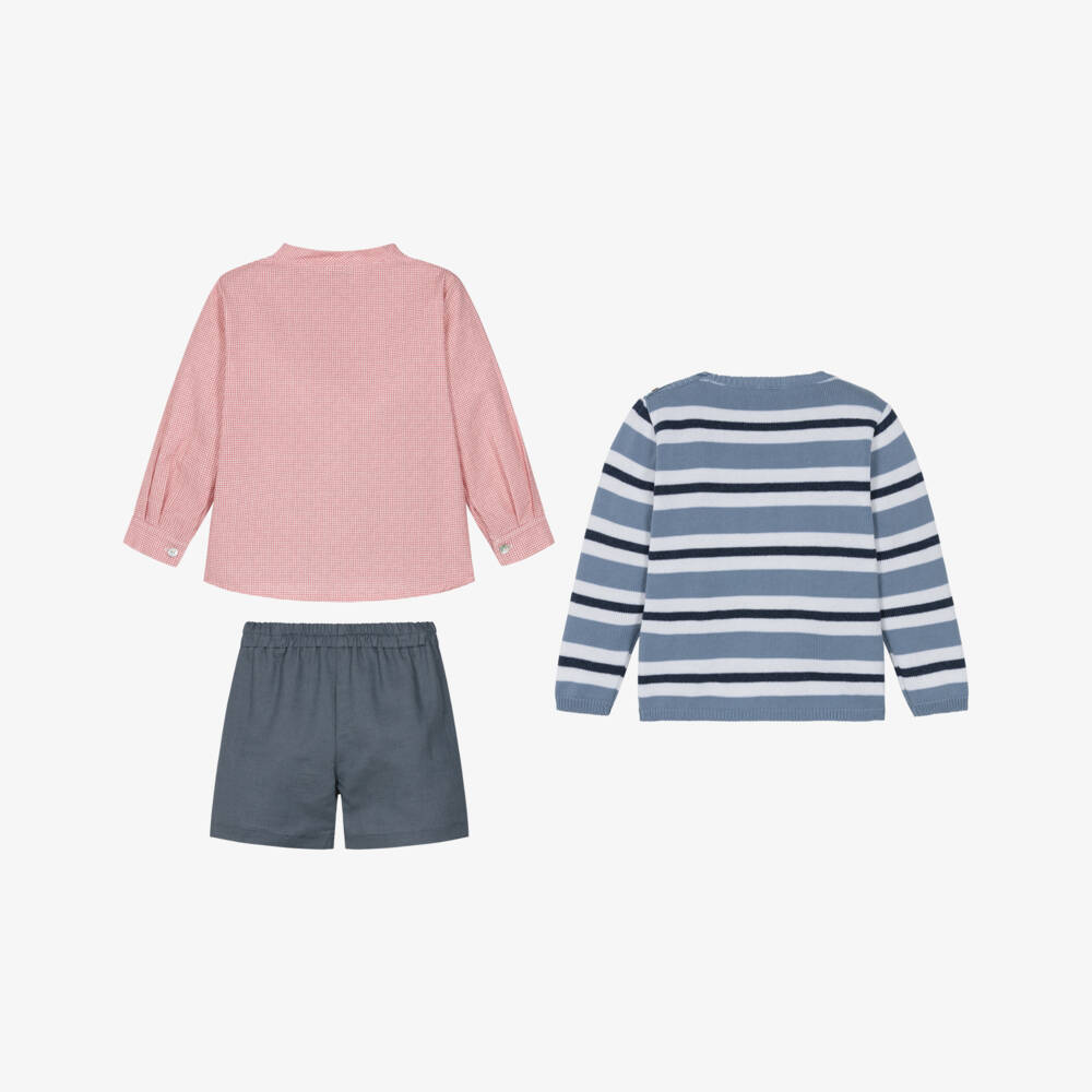 Mebi-Boys Blue Striped Knitted & Woven Shorts Set | Childrensalon Outlet