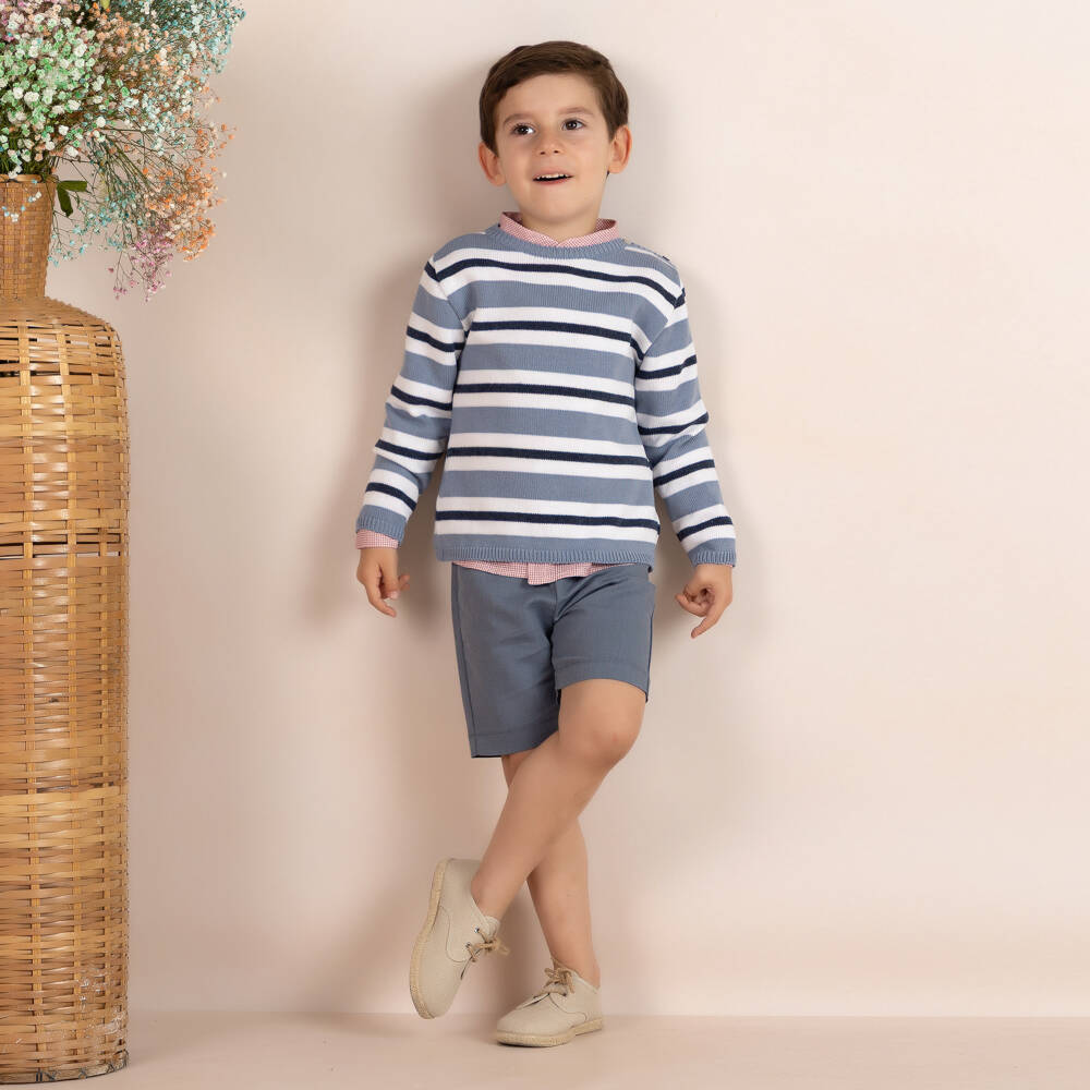 Mebi-Boys Blue Striped Knitted & Woven Shorts Set | Childrensalon Outlet