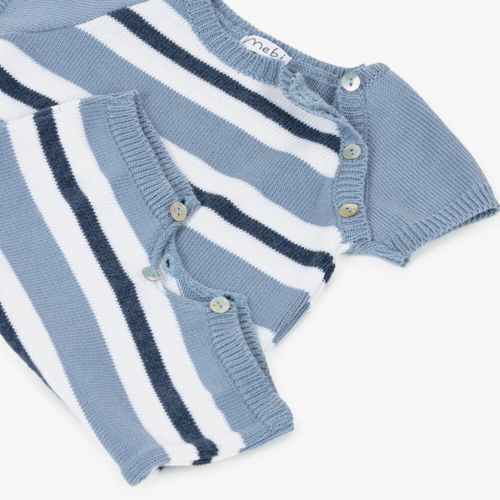 Mebi-Boys Blue & White Striped Cotton Knit Shortie | Childrensalon Outlet