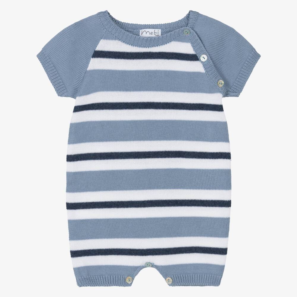 Mebi-Boys Blue & White Striped Cotton Knit Shortie | Childrensalon Outlet