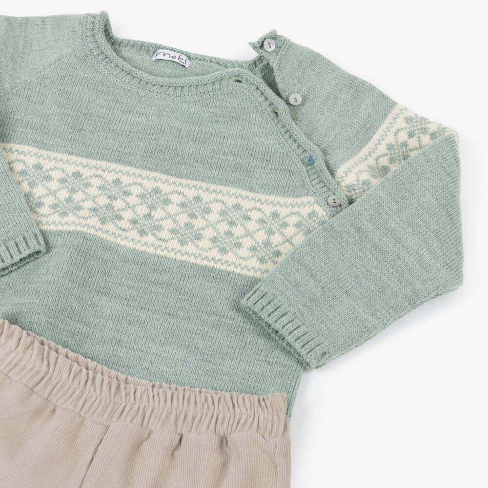 Mebi-Boys Green & Beige Fair Isle Trouser Set | Childrensalon Outlet