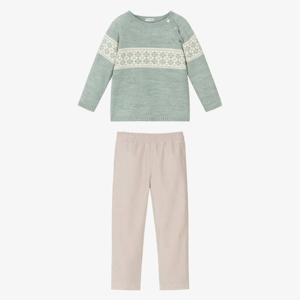 Mebi-Boys Green & Beige Fair Isle Trouser Set | Childrensalon Outlet