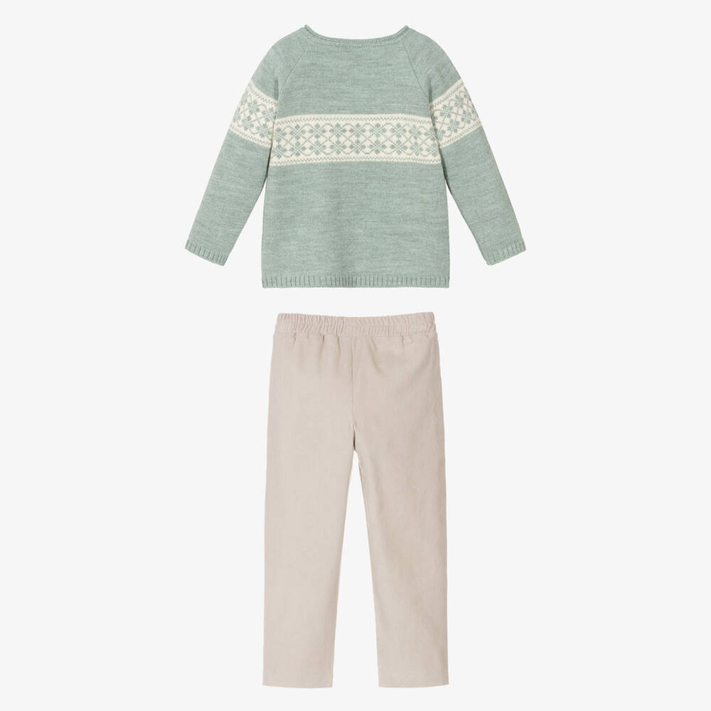 Mebi-Boys Green & Beige Fair Isle Trouser Set | Childrensalon Outlet