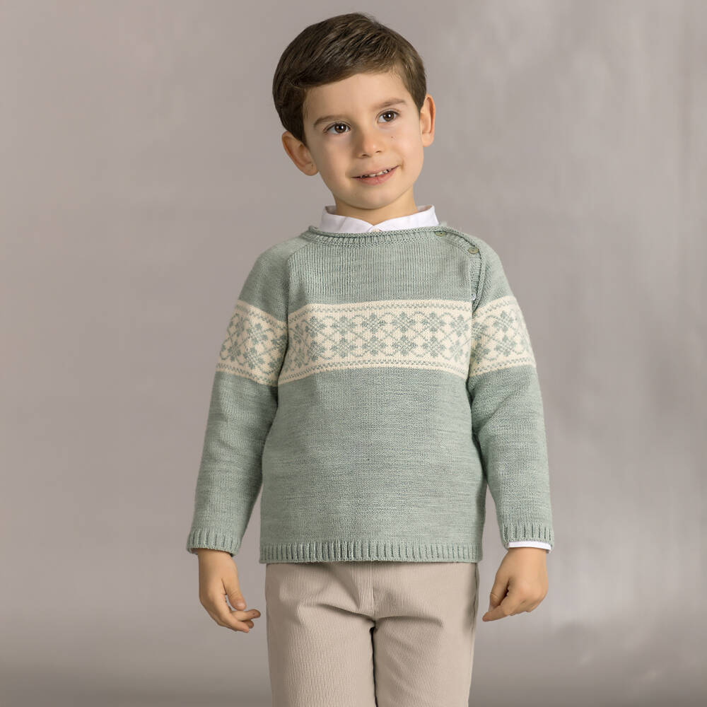Mebi-Boys Green & Beige Fair Isle Trouser Set | Childrensalon Outlet