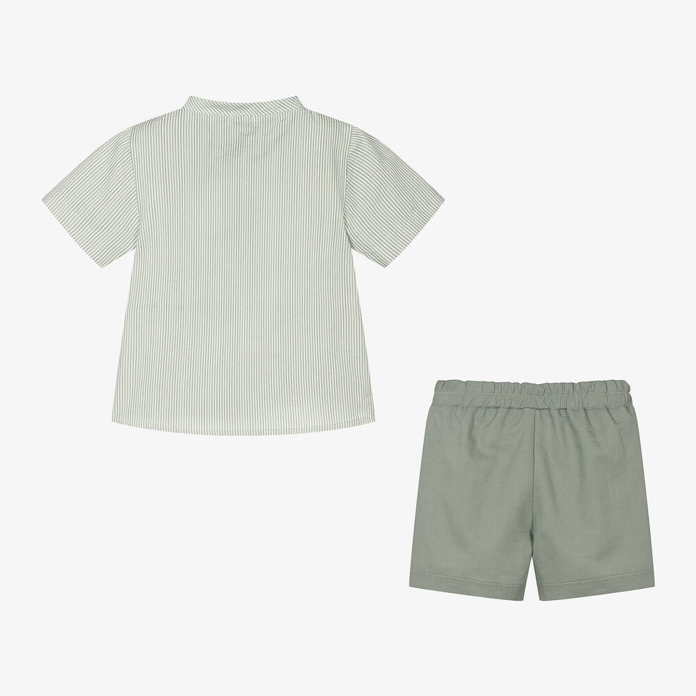 Mebi-Boys Green Cotton & Linen Shorts Set | Childrensalon Outlet