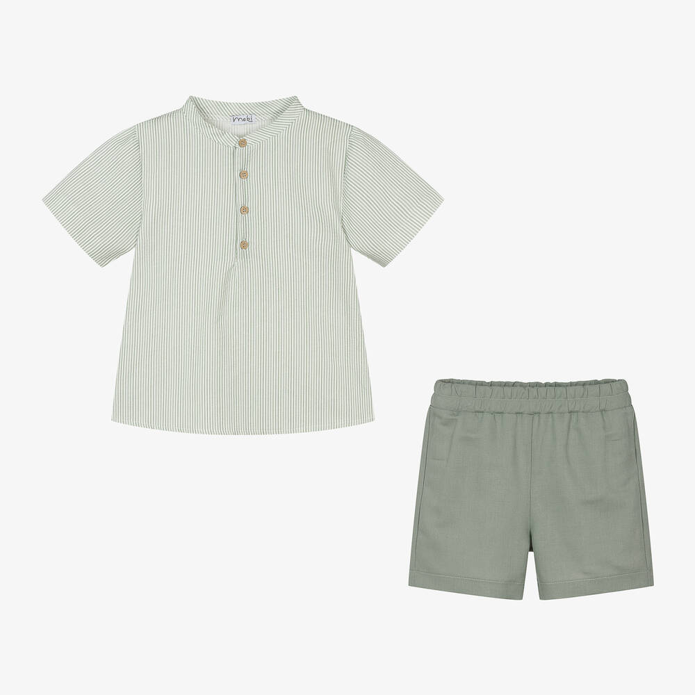 Mebi-Boys Green Cotton & Linen Shorts Set | Childrensalon Outlet