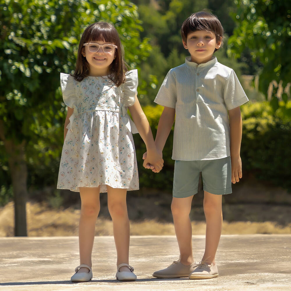 Mebi-Boys Green Cotton & Linen Shorts Set | Childrensalon Outlet