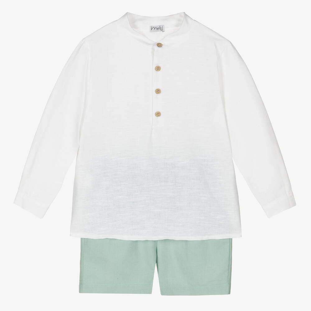 Mebi - Льняная рубашка и зеленые шорты из хлопка | Childrensalon