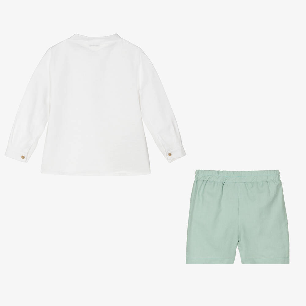Mebi-Льняная рубашка и зеленые шорты из хлопка | Childrensalon Outlet
