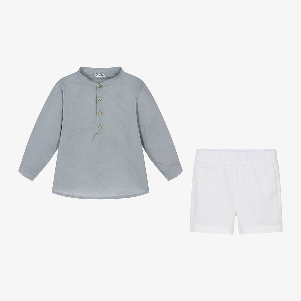 Mebi-طقم شورت قطن وكتان لون رمادي للأولاد | Childrensalon Outlet