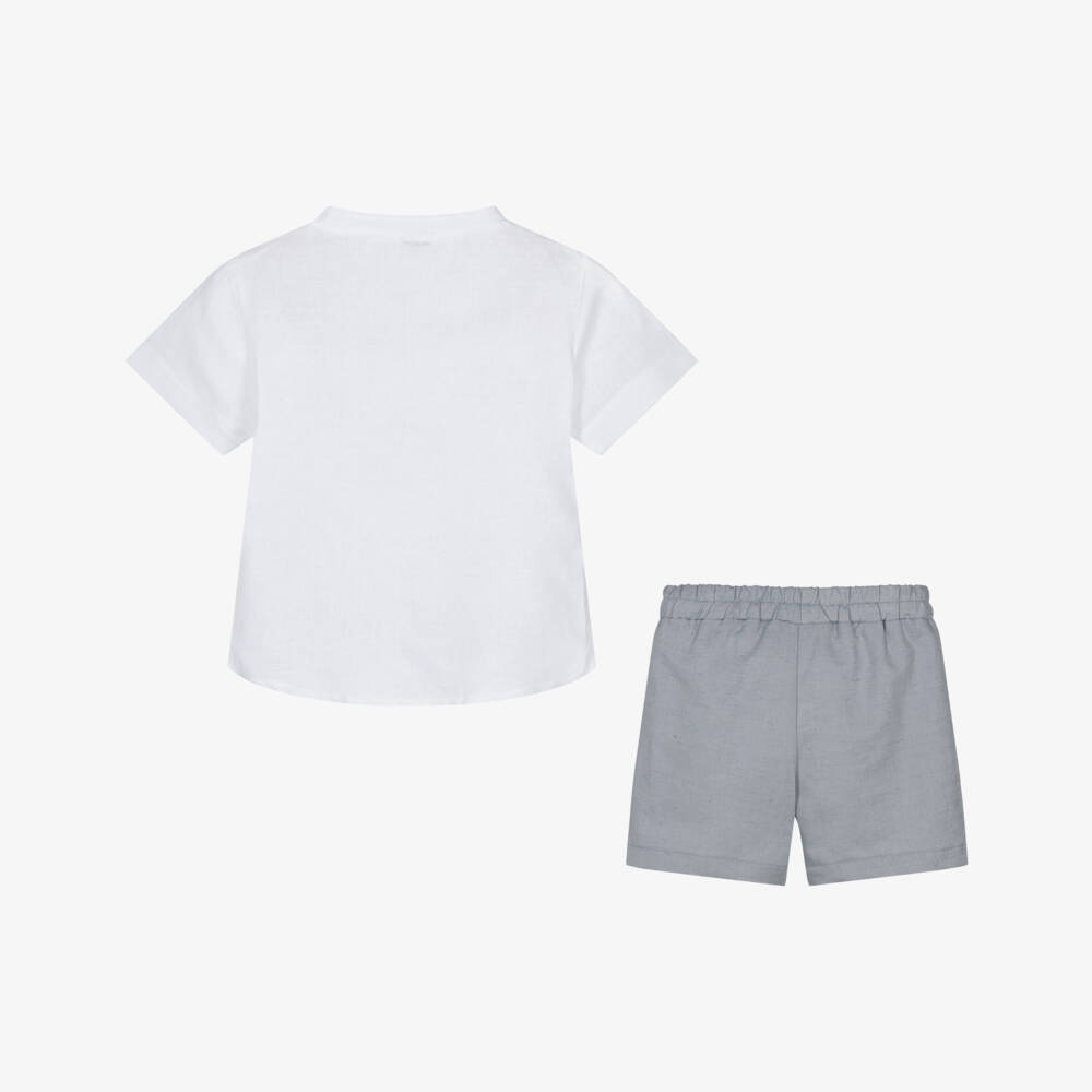 Mebi-طقم أولاد رمادي وأبيض من مزيج الكتان | Childrensalon Outlet