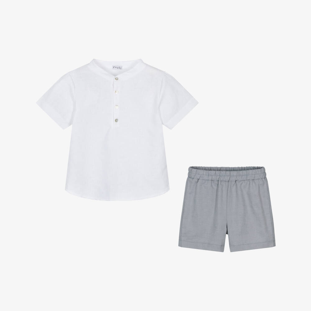 Mebi-طقم أولاد رمادي وأبيض من مزيج الكتان | Childrensalon Outlet