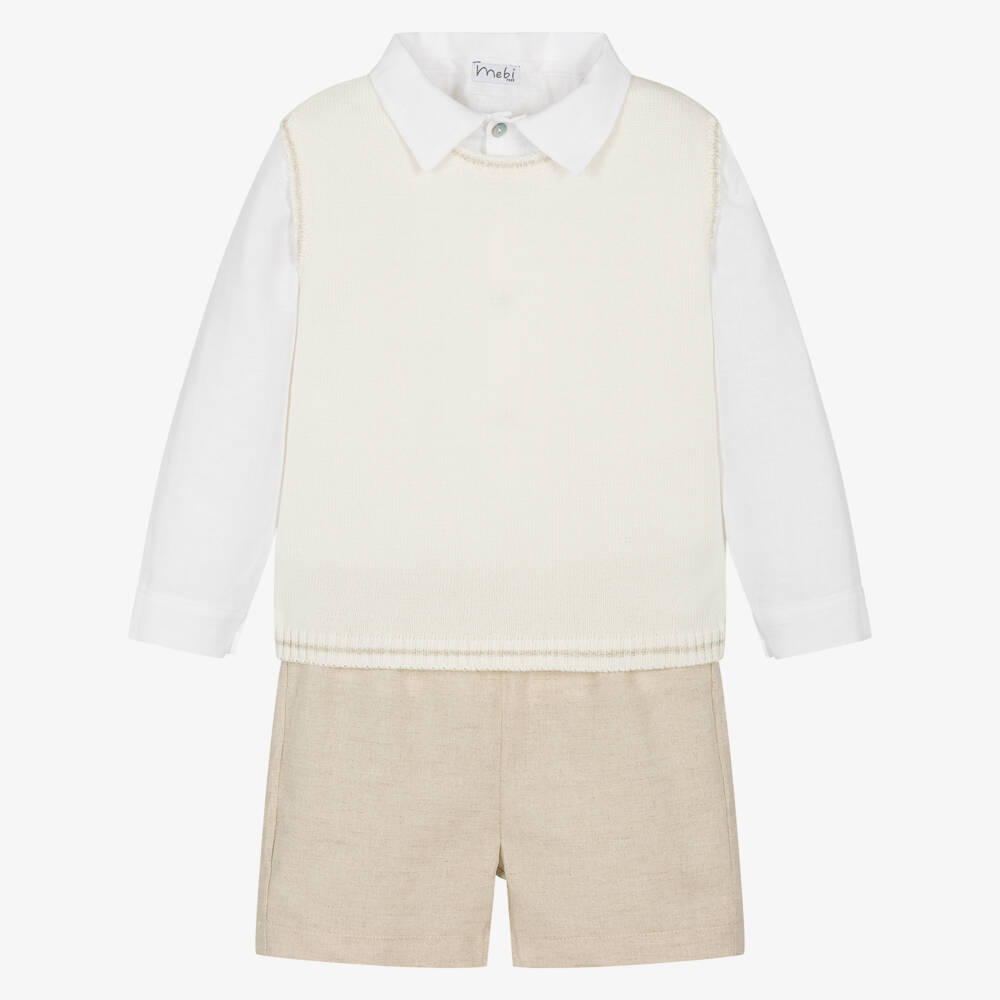 Mebi-Boys Ivory & Beige Linen Shorts Set | Childrensalon Outlet