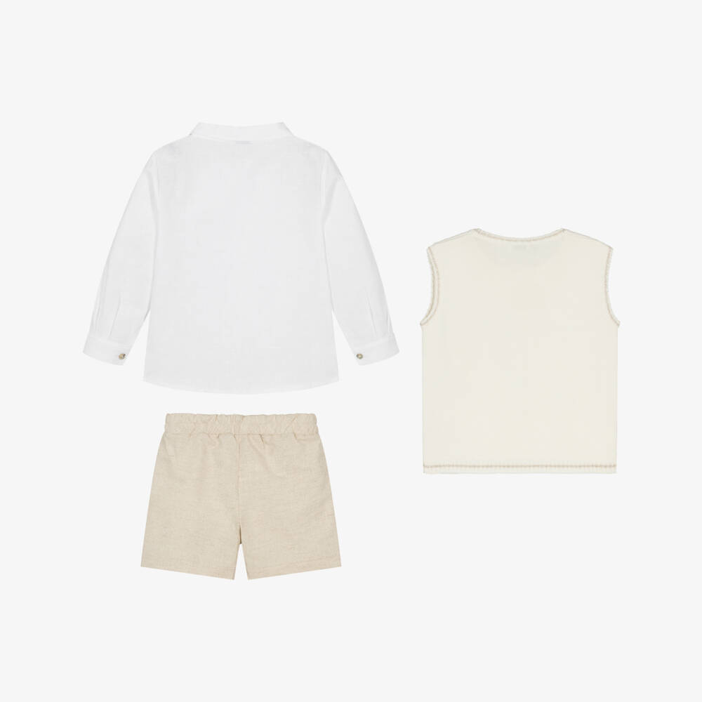 Mebi-Boys Ivory & Beige Linen Shorts Set | Childrensalon Outlet