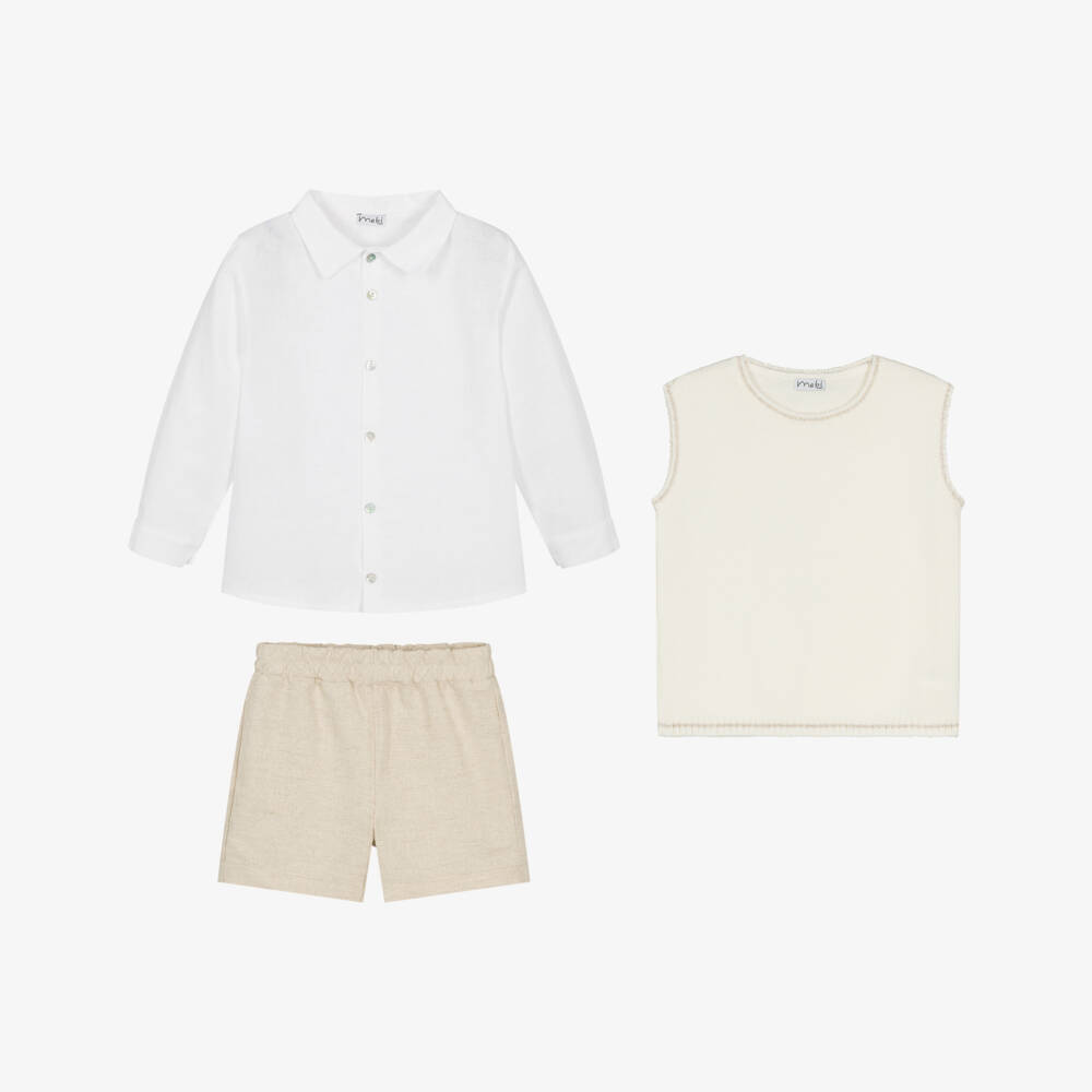 Mebi-Boys Ivory & Beige Linen Shorts Set | Childrensalon Outlet