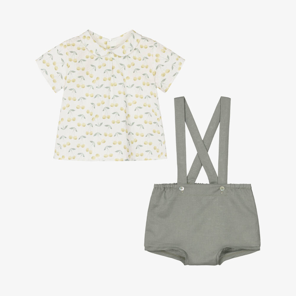 Mebi-Boys Ivory & Green Cherry Print Shorts Set | Childrensalon Outlet