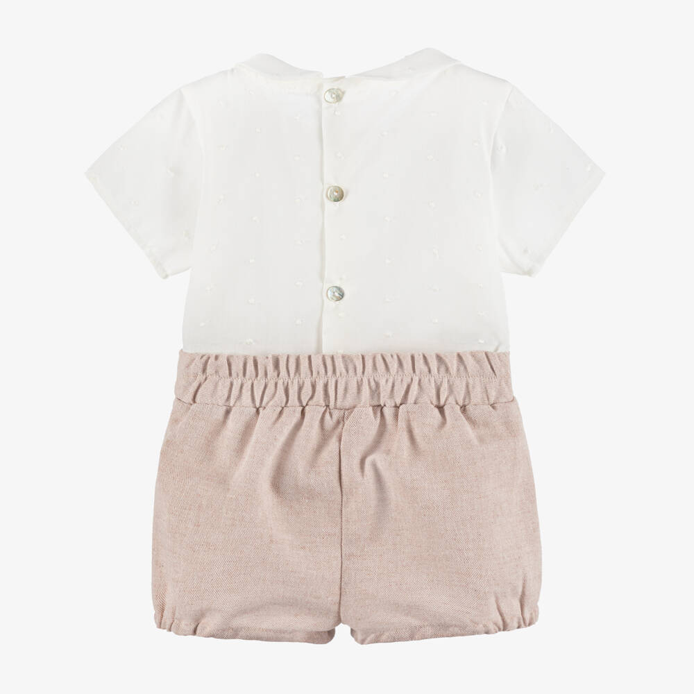 Mebi-Boys Ivory & Pink Buster Suit with Embroidered Dots | Childrensalon Outlet