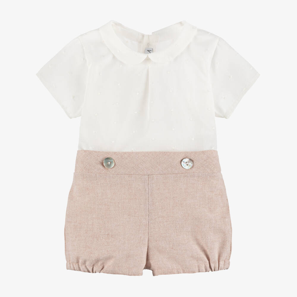 Mebi-Boys Ivory & Pink Buster Suit with Embroidered Dots | Childrensalon Outlet