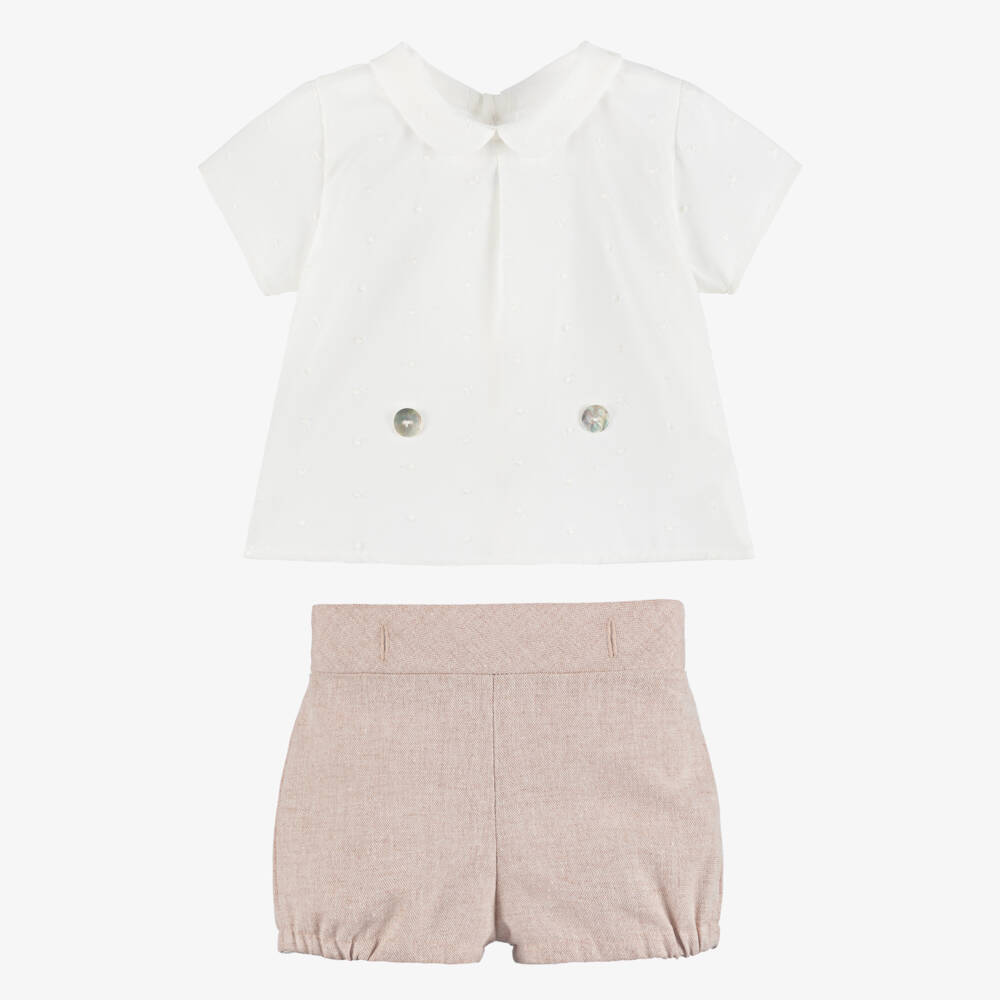 Mebi-Boys Ivory & Pink Buster Suit with Embroidered Dots | Childrensalon Outlet