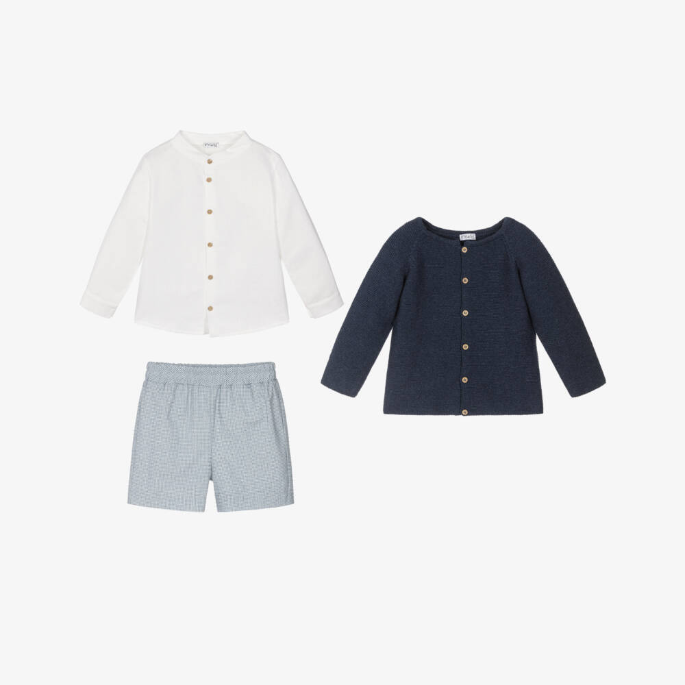 Mebi-Boys Navy Blue Knitted Cardigan & Shorts Set | Childrensalon Outlet
