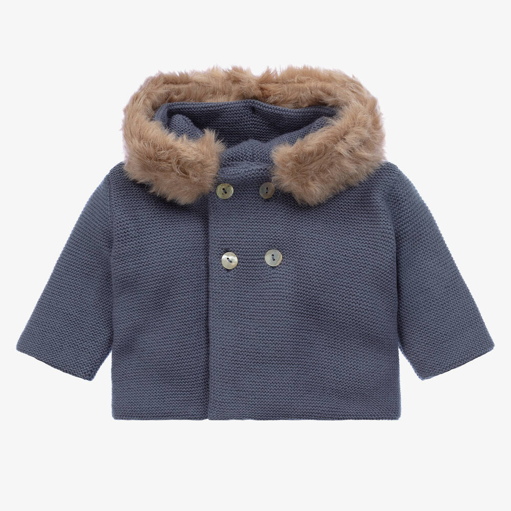 Mebi - Boys Petrol Blue Knitted Pram Coat  | Childrensalon