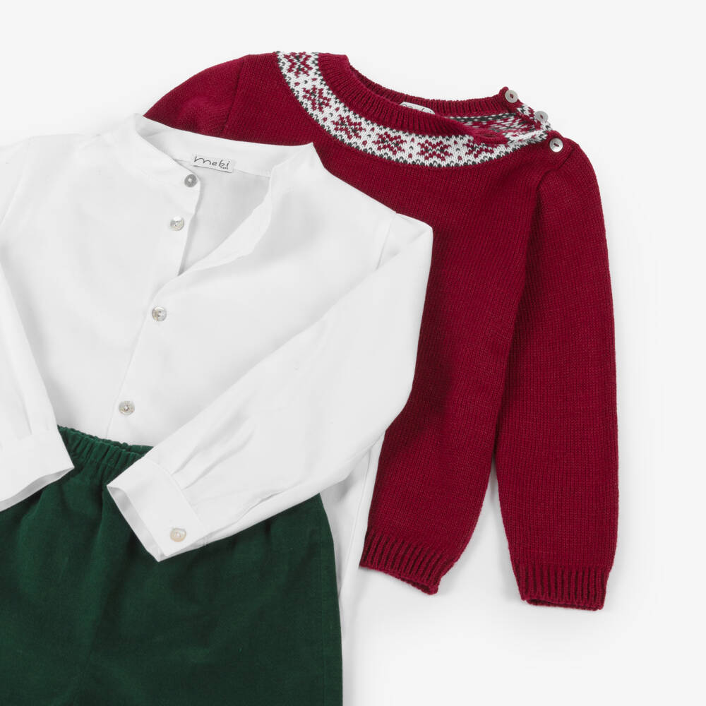 Mebi-Boys Red, White & Green Fair Isle & Velvet Shorts Set | Childrensalon Outlet