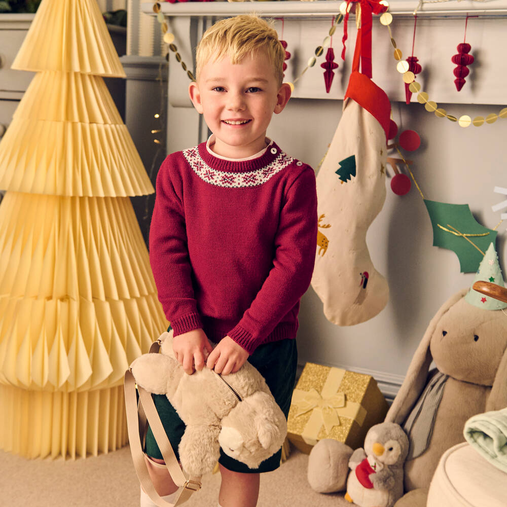 Mebi-Boys Red, White & Green Fair Isle & Velvet Shorts Set | Childrensalon Outlet