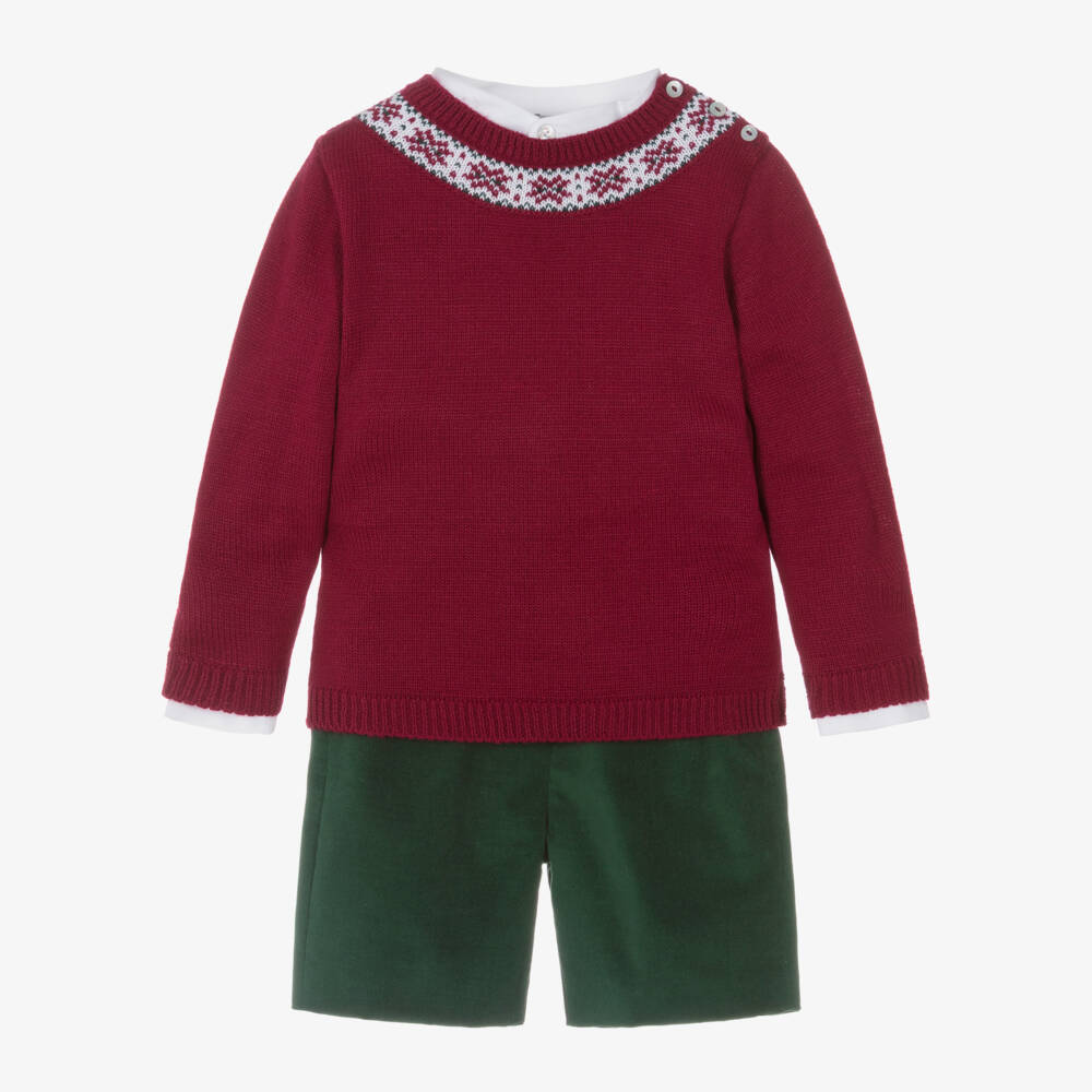 Mebi-Boys Red, White & Green Fair Isle & Velvet Shorts Set | Childrensalon Outlet