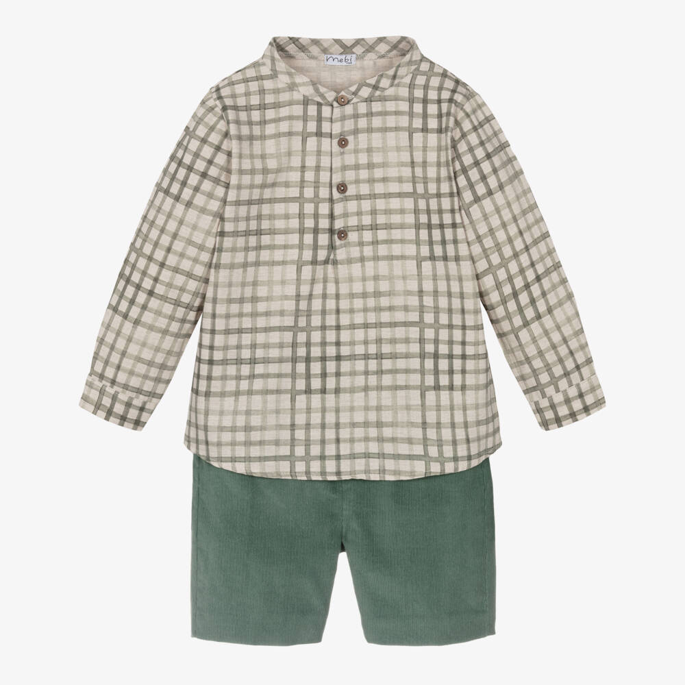 Mebi-Boys Sage Check Shirt and Shorts | Childrensalon Outlet