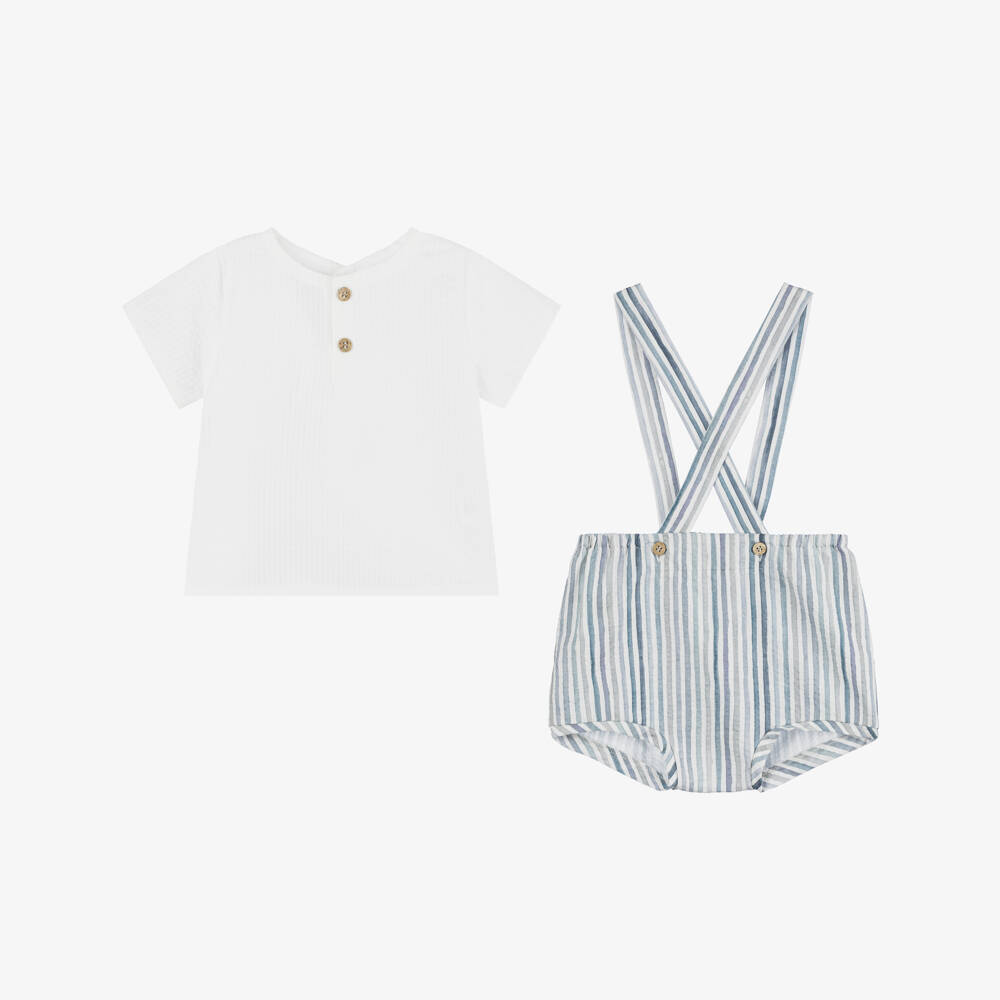 Mebi-Boys Seersucker Blue Braced Shorts Set | Childrensalon Outlet