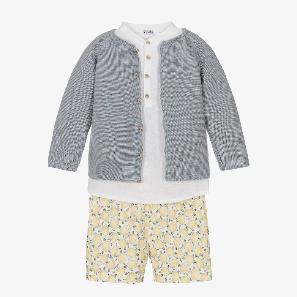 Mebi-Boys White & Blue Cotton Shorts Set | Childrensalon Outlet
