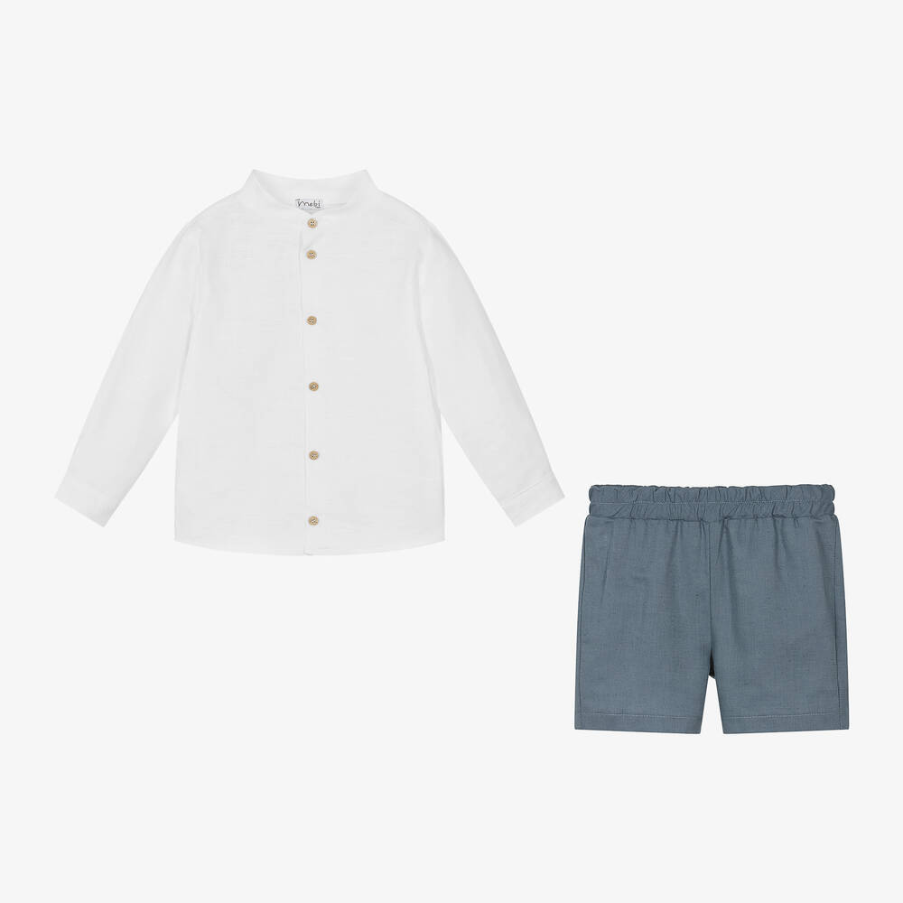 Mebi-Boys White Cotton & Linen Shorts Set | Childrensalon Outlet