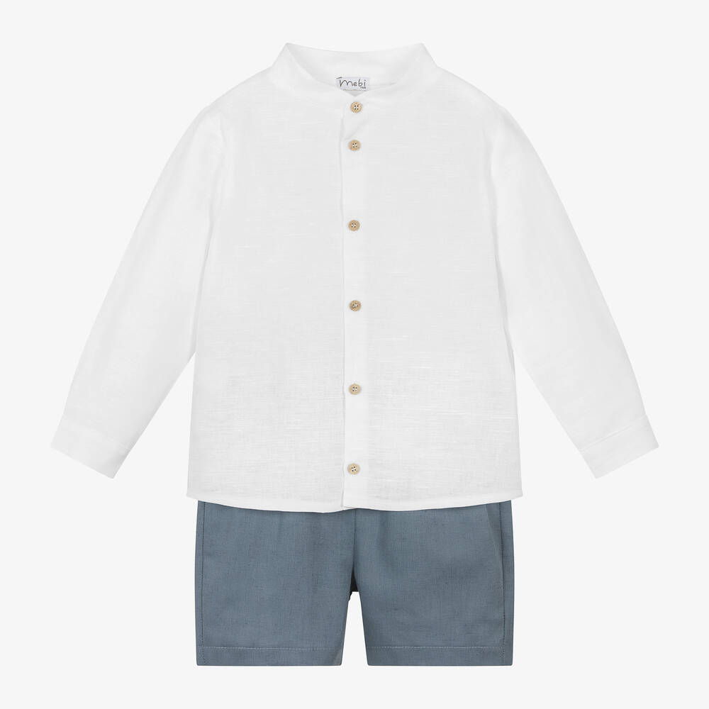 Mebi-Boys White Cotton & Linen Shorts Set | Childrensalon Outlet