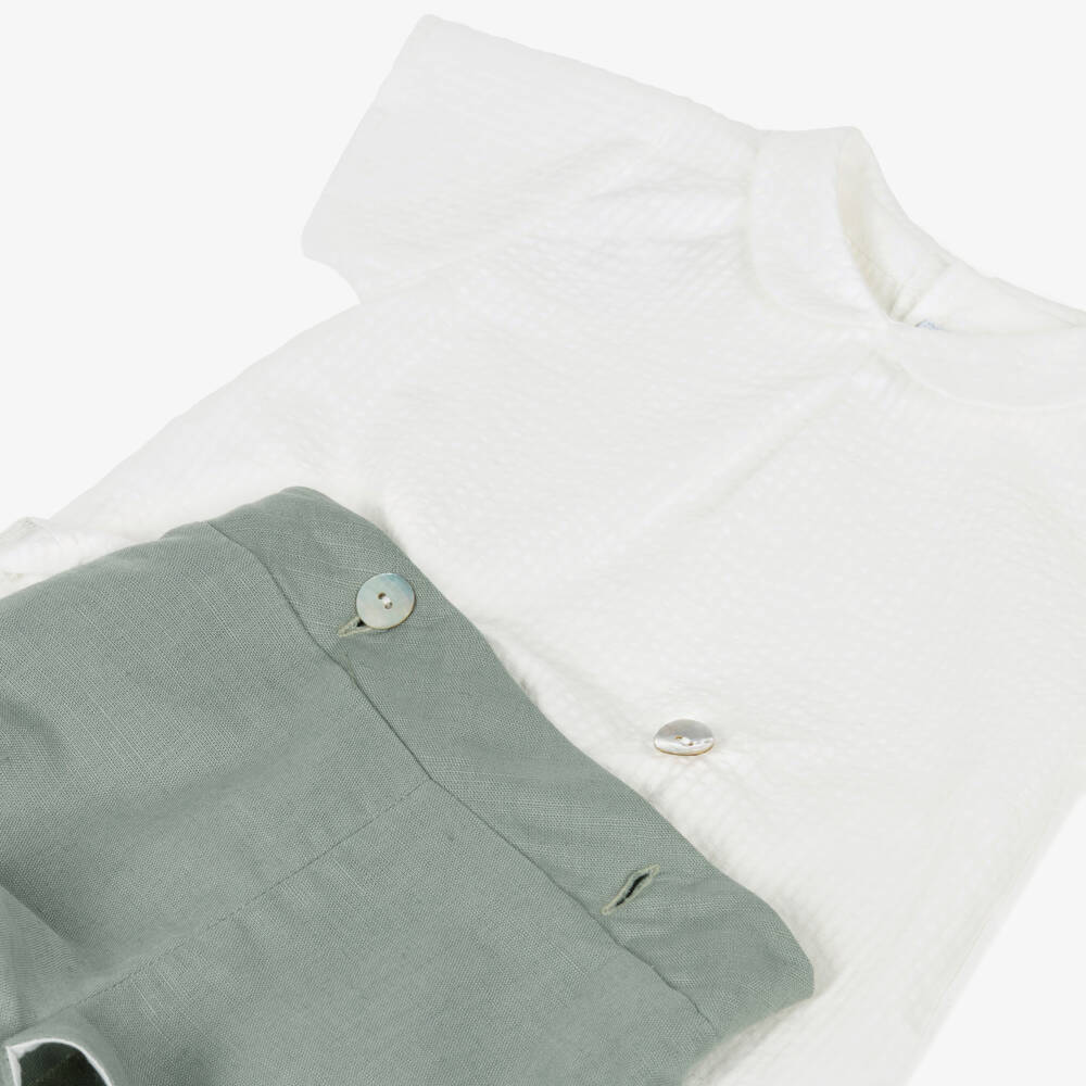Mebi-Boys White & Green Collared Buster Suit | Childrensalon Outlet