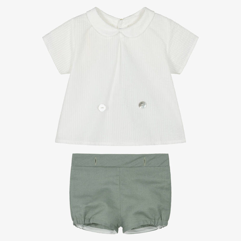 Mebi-Boys White & Green Collared Buster Suit | Childrensalon Outlet