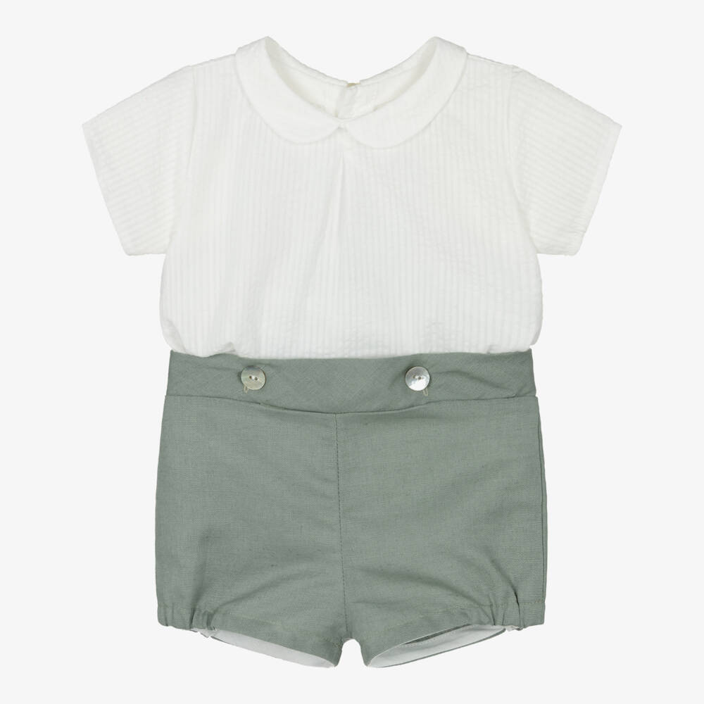 Mebi-Boys White & Green Collared Buster Suit | Childrensalon Outlet